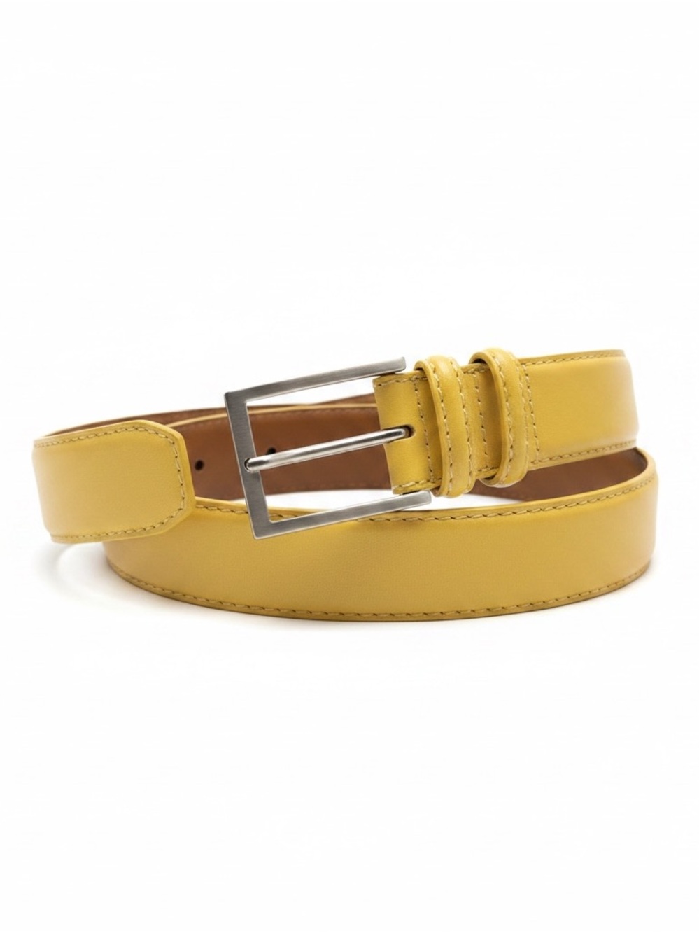 Unisex Yellow Leather Belt with Polished Silver Buckle